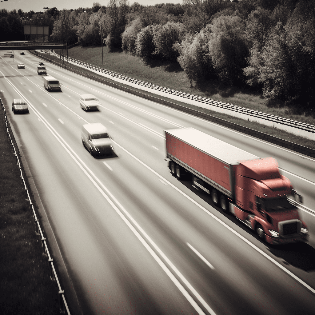 Red truck speeding down highway