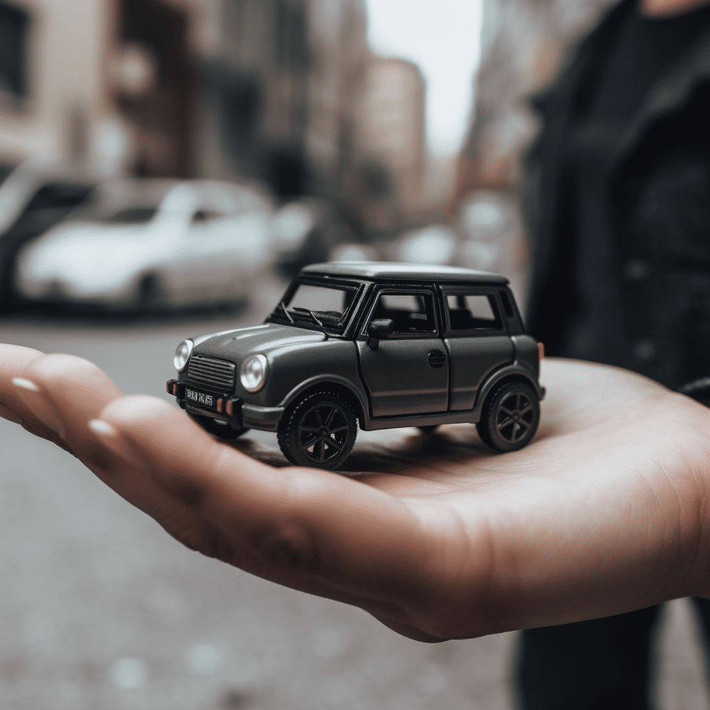 A hand holding a green car