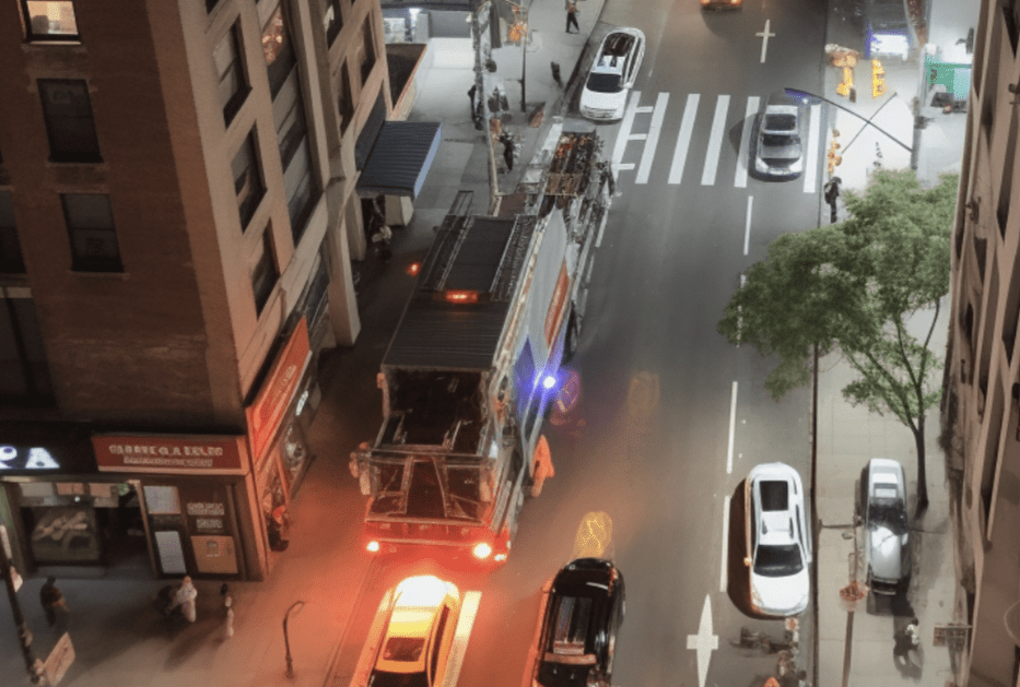 Adjusted: Top view from a high rise building of the street below - we can see cars, ambulance, and a fire truck